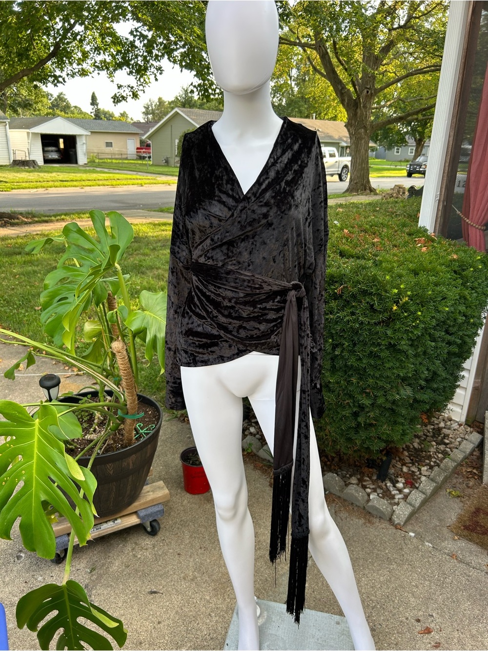 Zara Black Velvet Wrap Top with Fringe Tie
